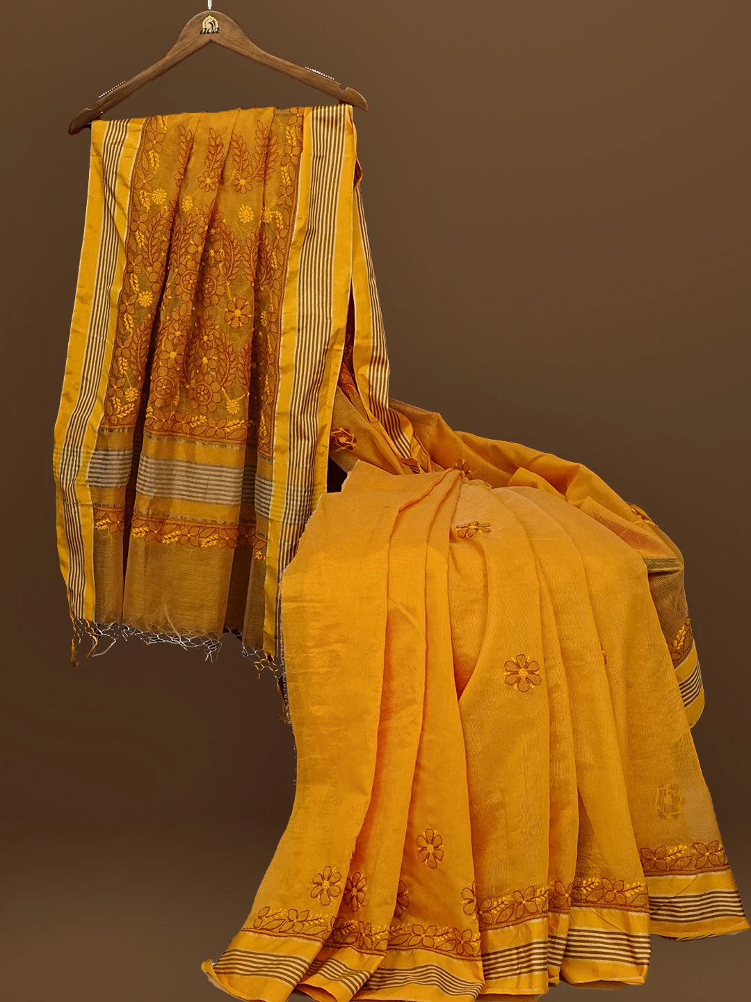 Ada Hand Embroidered Mustard Kota Chanderi Lucknowi Chikankari Saree With Blouse 01A572788
