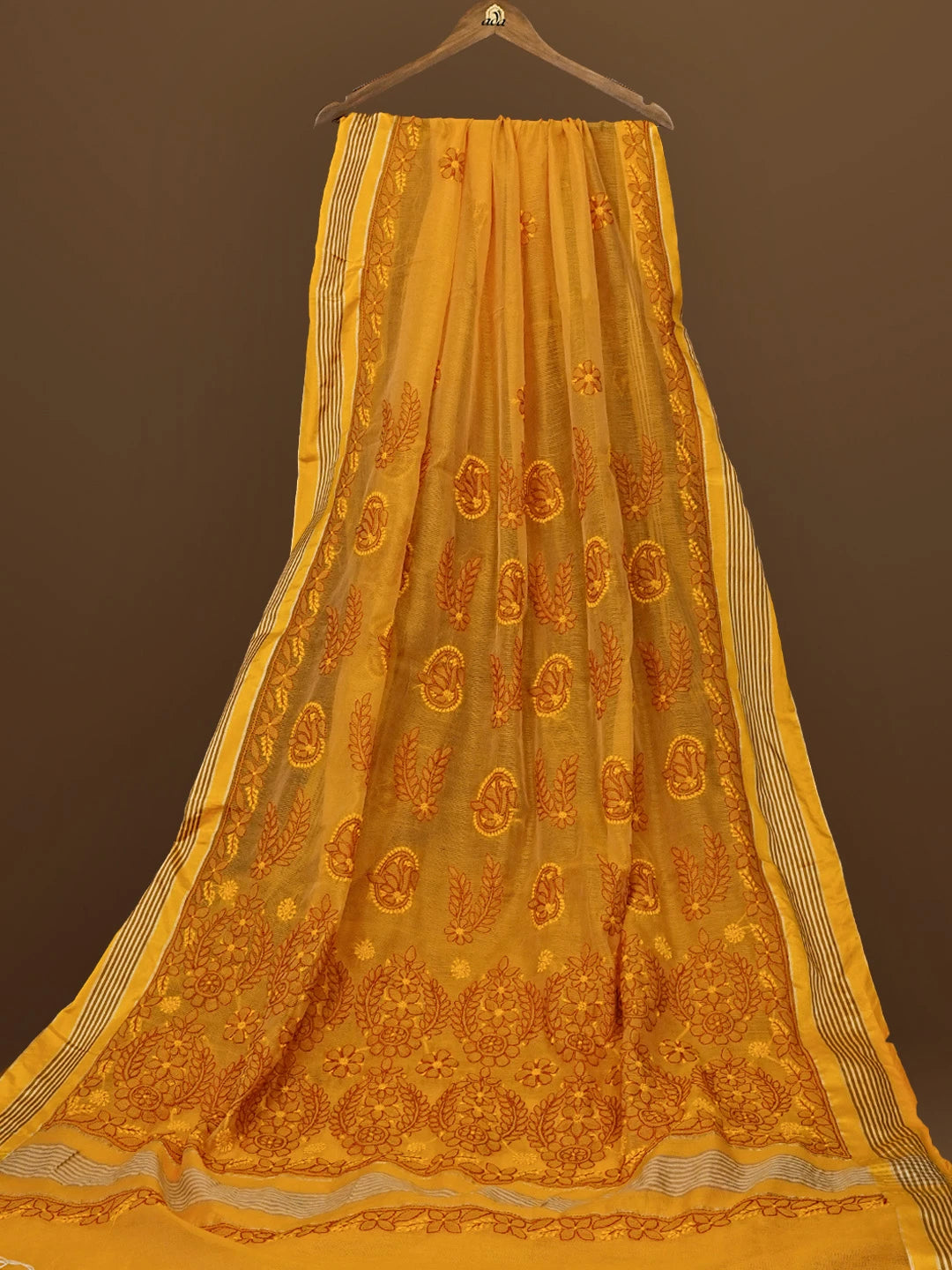 Ada Hand Embroidered Mustard Kota Chanderi Lucknowi Chikankari Saree With Blouse 01A572788