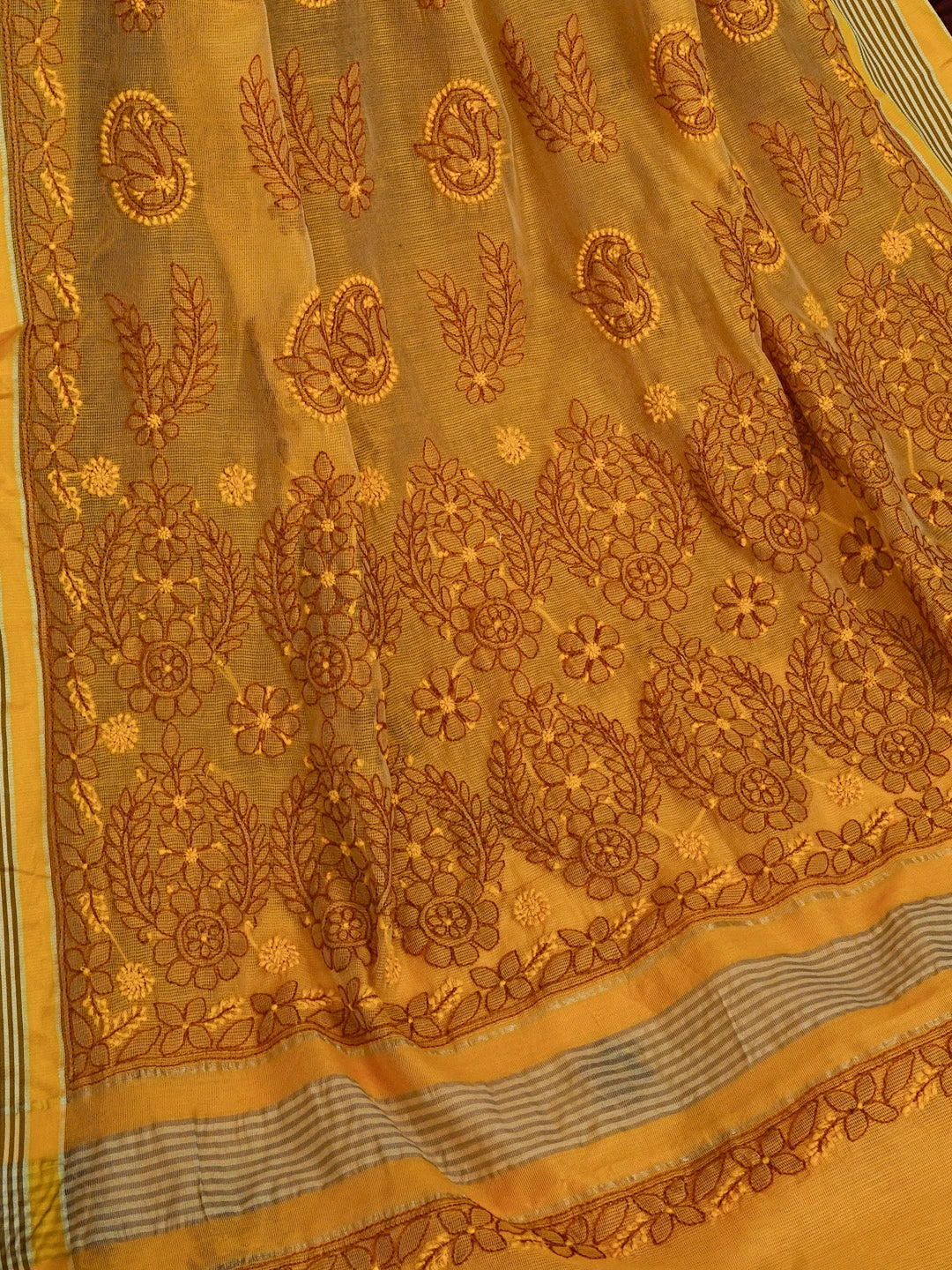 Ada Hand Embroidered Mustard Kota Chanderi Lucknowi Chikankari Saree With Blouse 01A572788