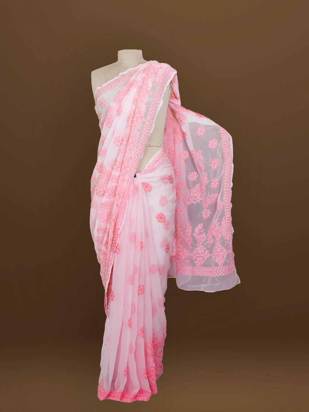 Ada Hand Embroidered Pink Georgette Lucknowi Chikankari Saree With Blouse 01A572521