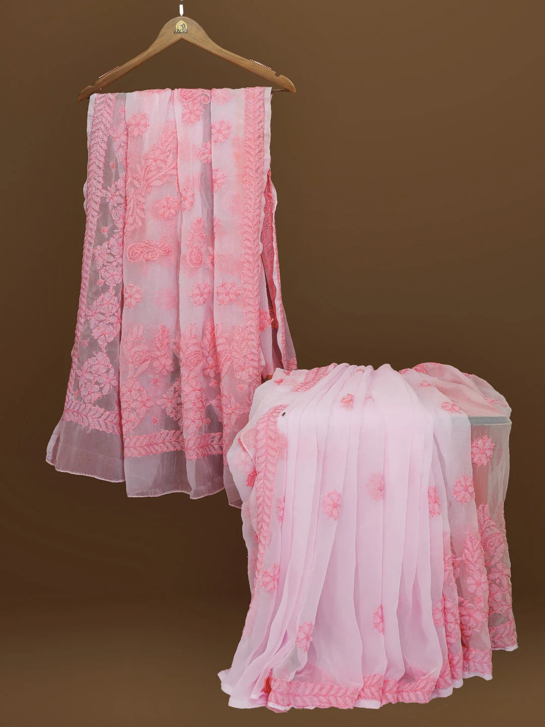 Ada Hand Embroidered Pink Georgette Lucknowi Chikankari Saree With Blouse 01A572521