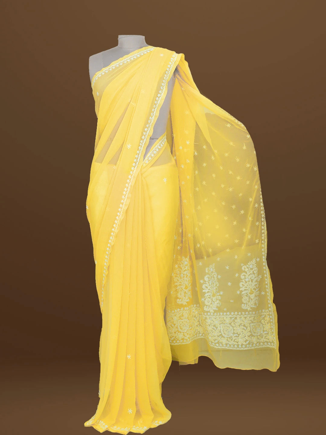 Ada Hand Embroidered Yellow Georgette Lucknowi Chikankari Saree With Blouse 01A572478