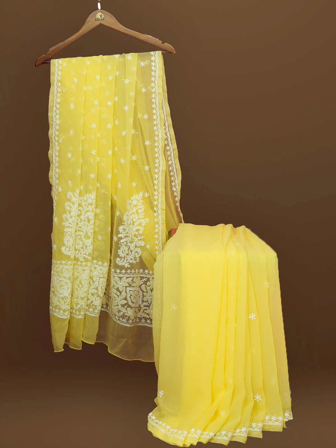 Ada Hand Embroidered Yellow Georgette Lucknowi Chikankari Saree With Blouse 01A572478