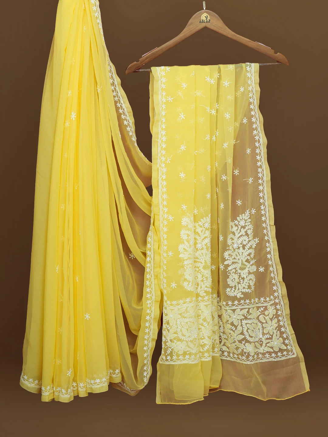 Ada Hand Embroidered Yellow Georgette Lucknowi Chikankari Saree With Blouse 01A572478