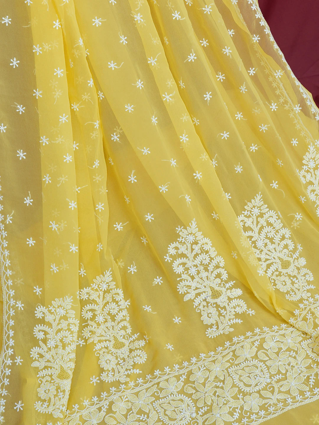 Ada Hand Embroidered Yellow Georgette Lucknowi Chikankari Saree With Blouse 01A572478