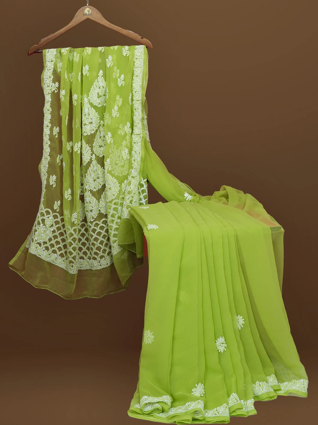 Ada Hand Embroidered Green Georgrtte Lucknowi Chikankari Saree With Blouse 01A572469