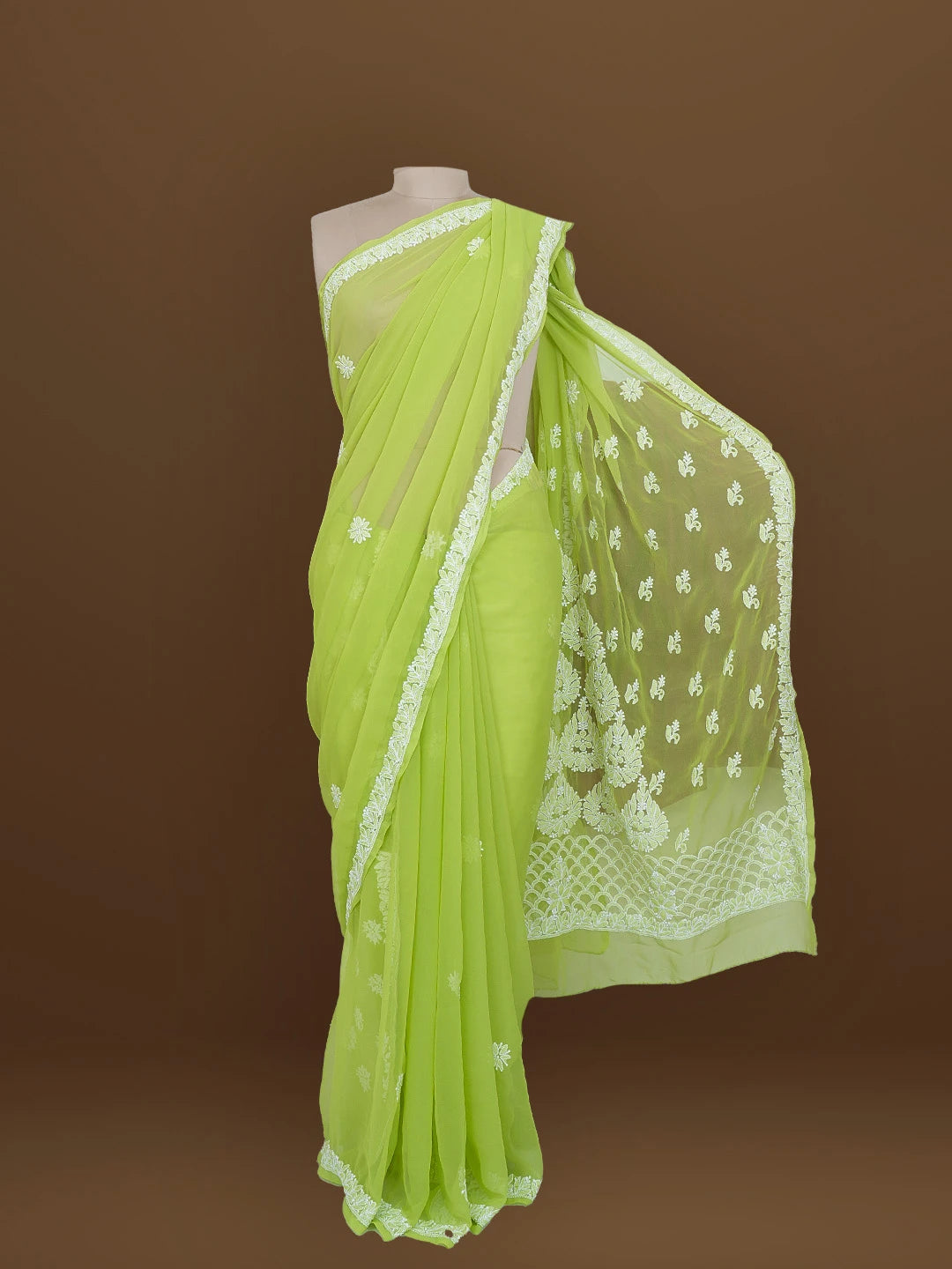 Ada Hand Embroidered Green Georgrtte Lucknowi Chikankari Saree With Blouse 01A572469