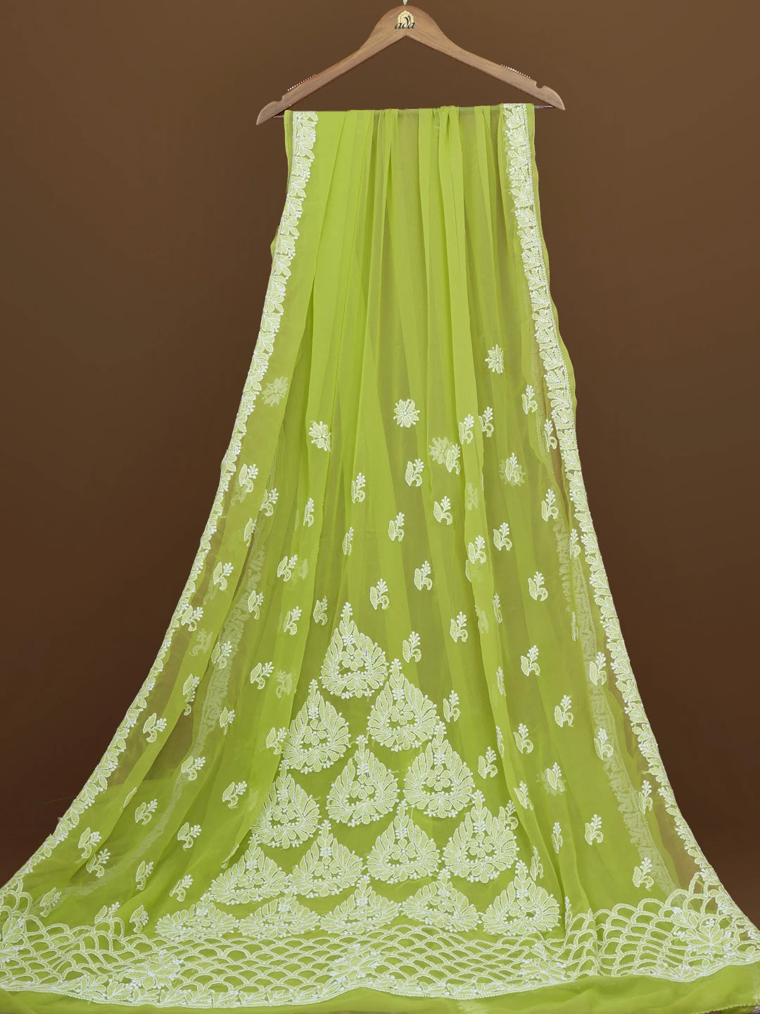 Ada Hand Embroidered Green Georgrtte Lucknowi Chikankari Saree With Blouse 01A572469