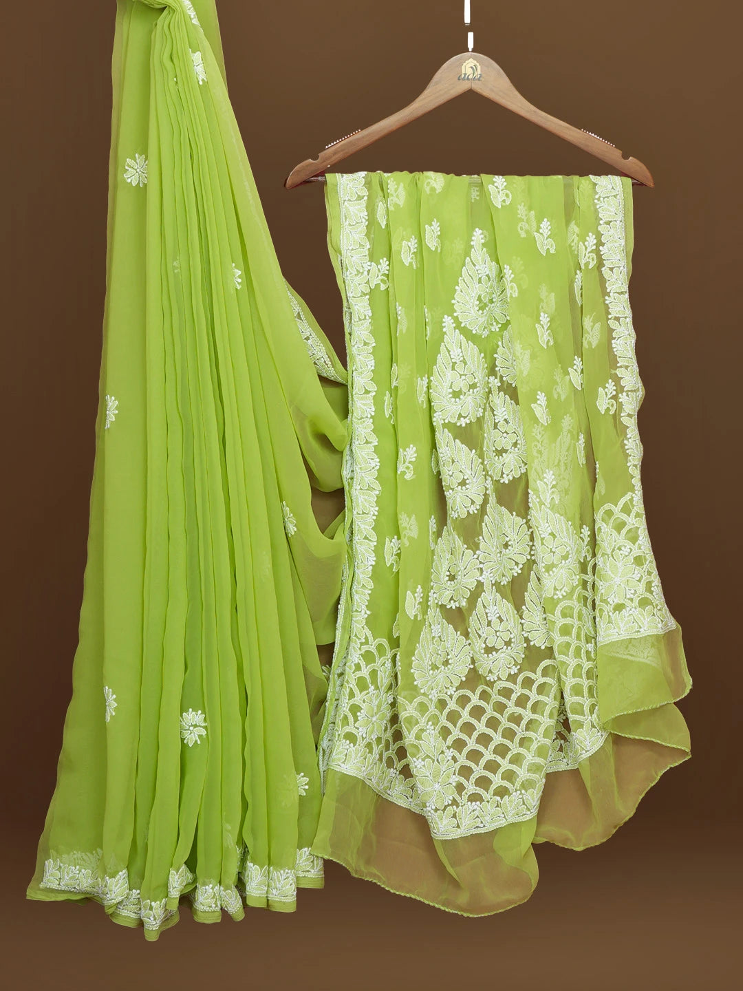Ada Hand Embroidered Green Georgrtte Lucknowi Chikankari Saree With Blouse 01A572469