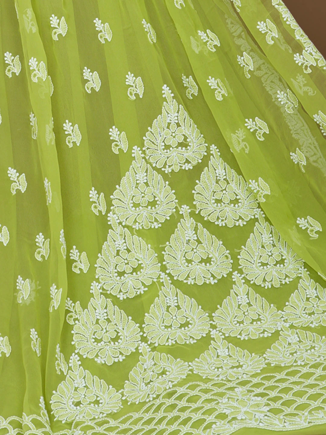 Ada Hand Embroidered Green Georgrtte Lucknowi Chikankari Saree With Blouse 01A572469