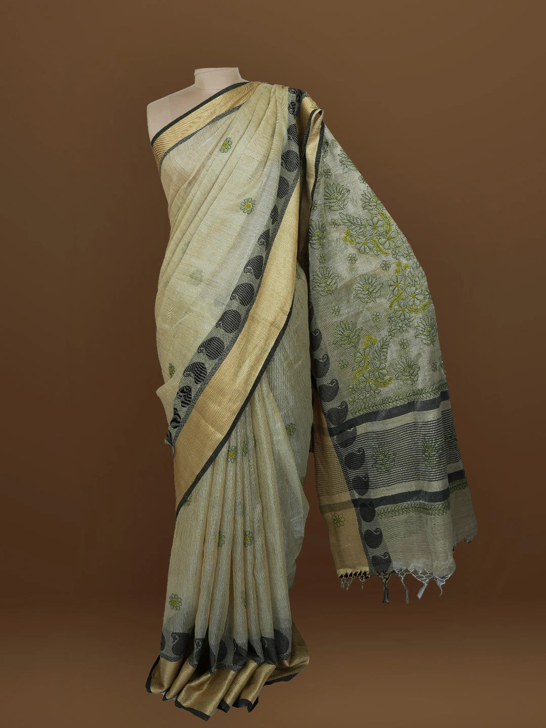Ada Hand Embroidered Fawn Tissue Lucknowi Chikankari Saree With Blouse 01A572686