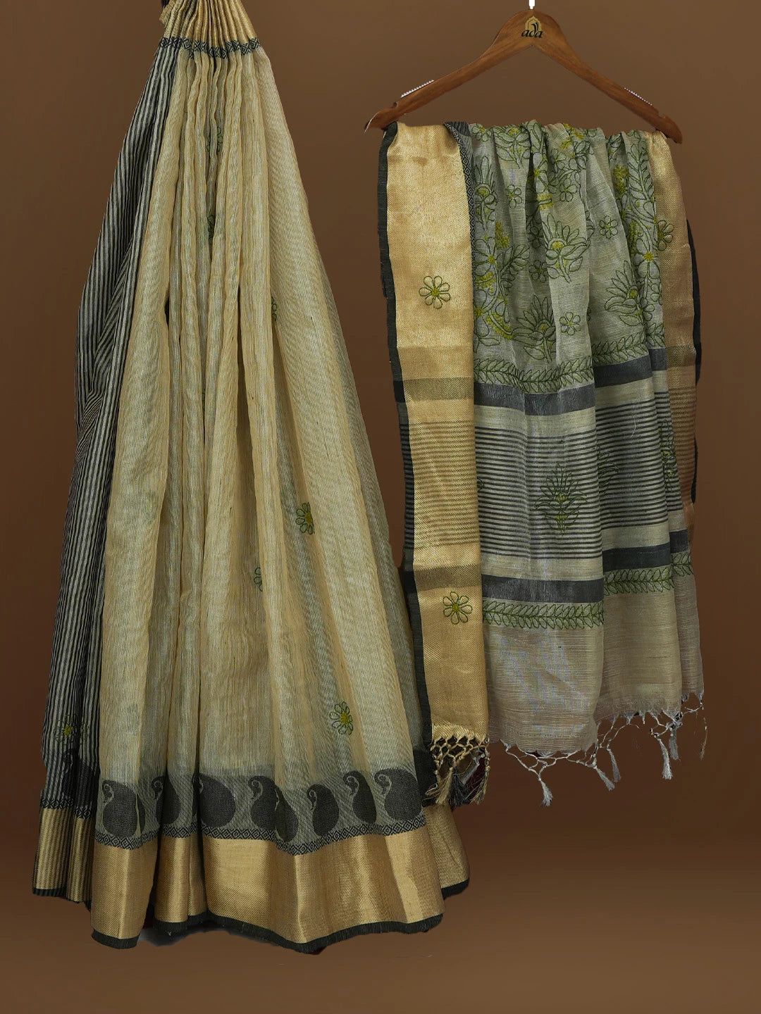 Ada Hand Embroidered Fawn Tissue Lucknowi Chikankari Saree With Blouse 01A572686