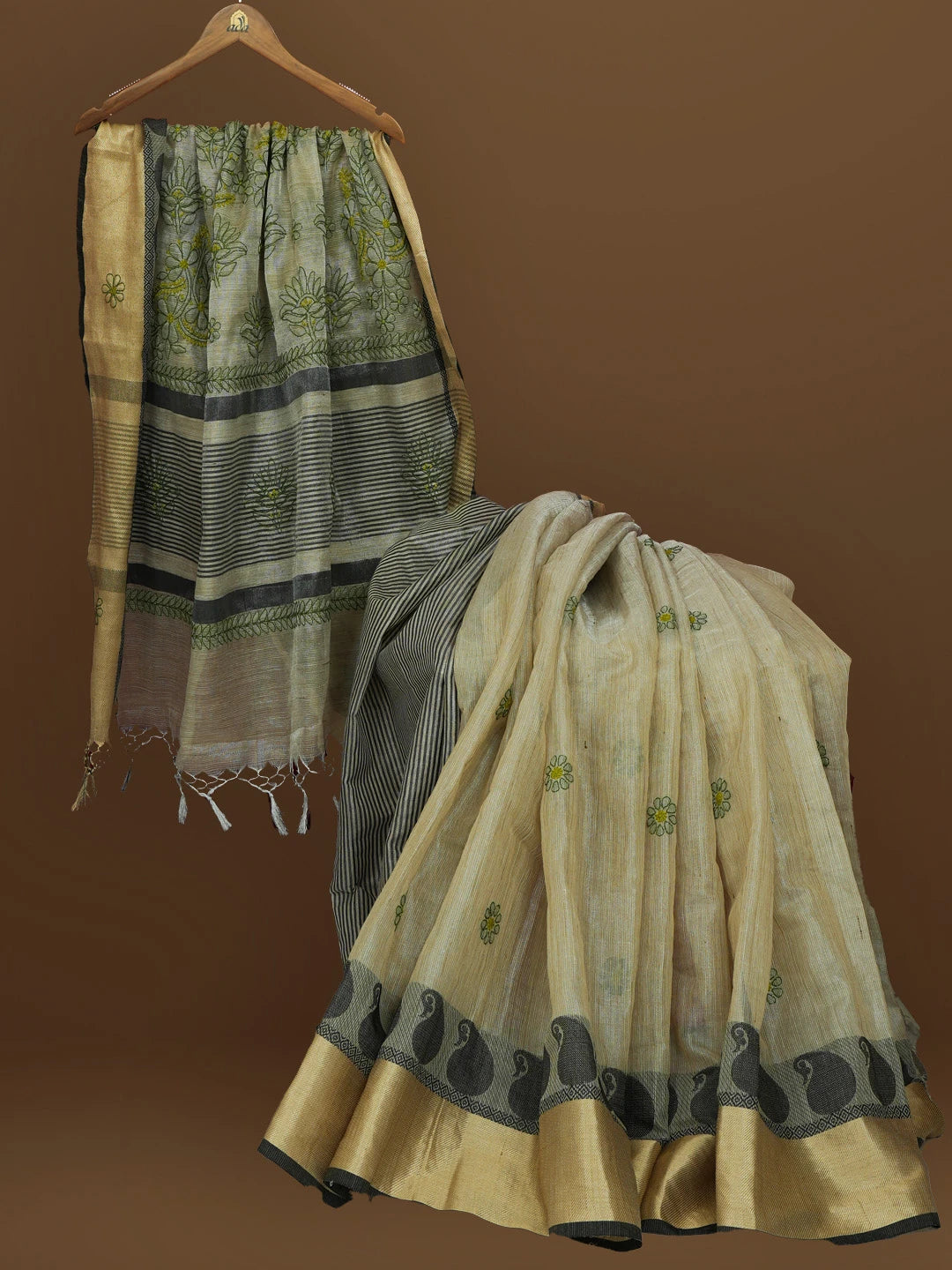 Ada Hand Embroidered Fawn Tissue Lucknowi Chikankari Saree With Blouse 01A572686