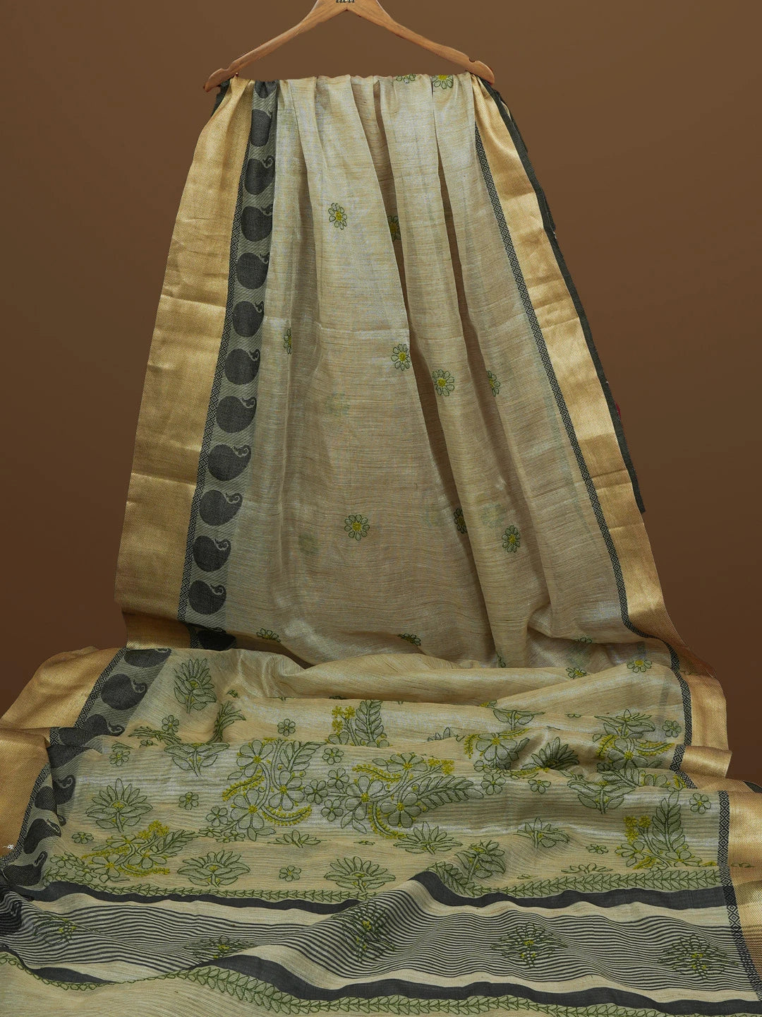 Ada Hand Embroidered Fawn Tissue Lucknowi Chikankari Saree With Blouse 01A572686