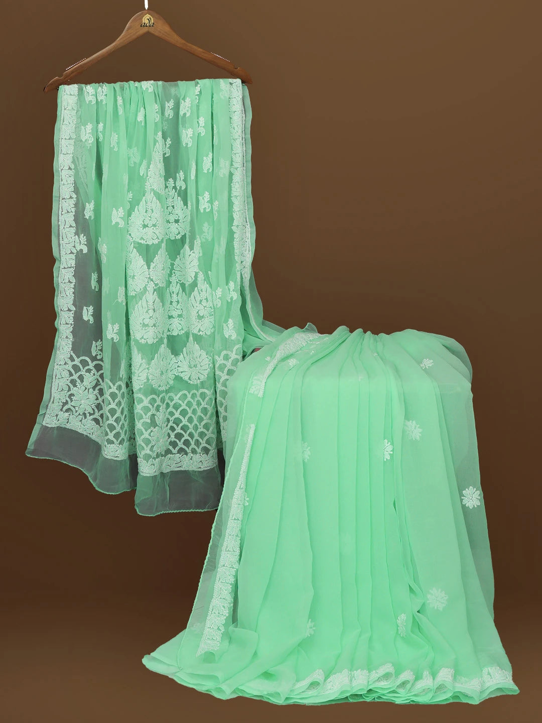 Ada Hand Embroidered Sea Green Georgette Lucknowi Chikankari Saree With Blouse 01A572468