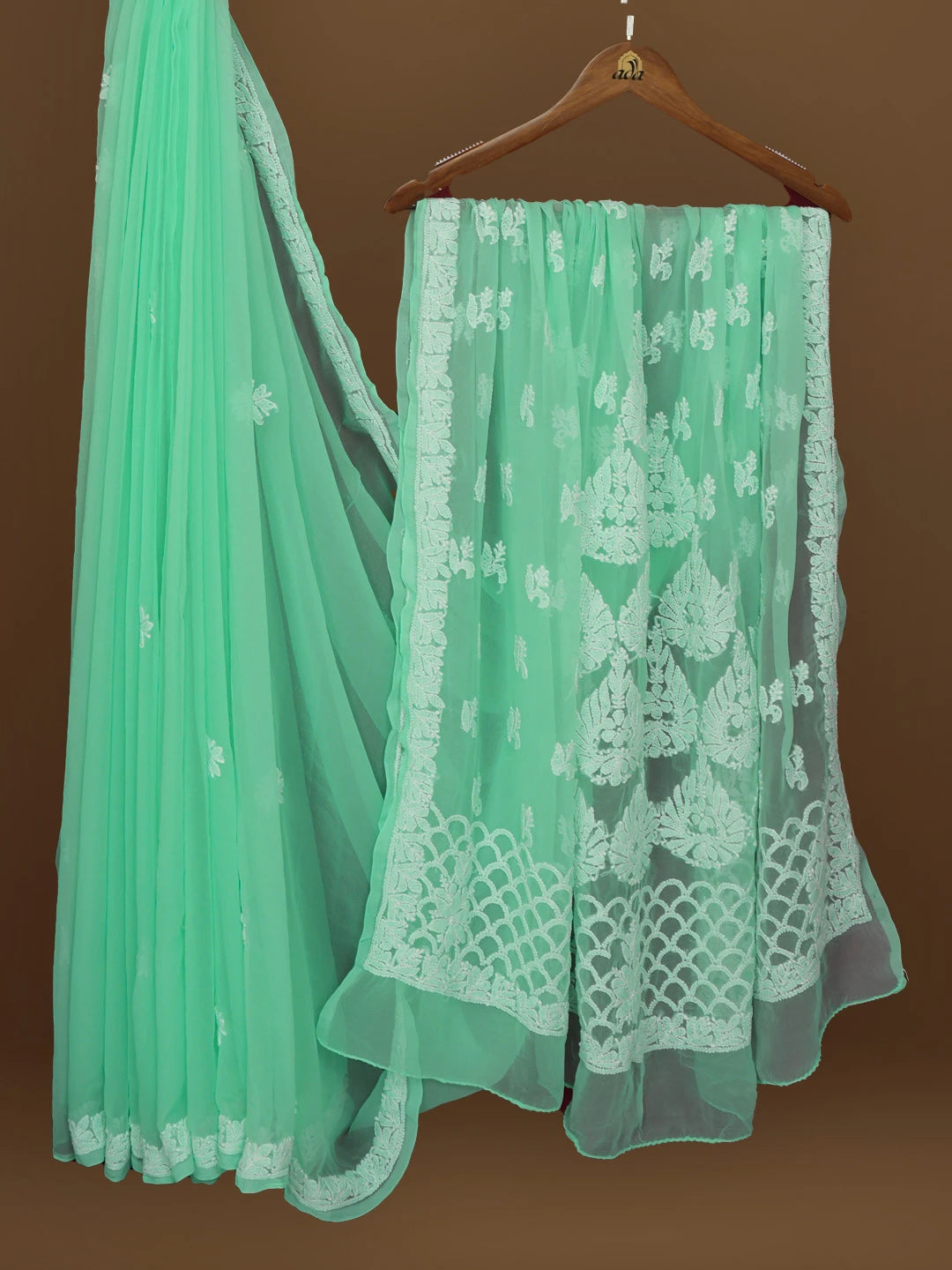 Ada Hand Embroidered Sea Green Georgette Lucknowi Chikankari Saree With Blouse 01A572468