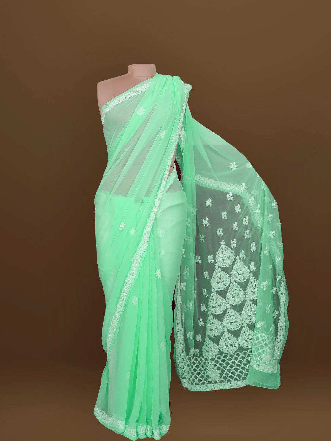 Ada Hand Embroidered Sea Green Georgette Lucknowi Chikankari Saree With Blouse 01A572468