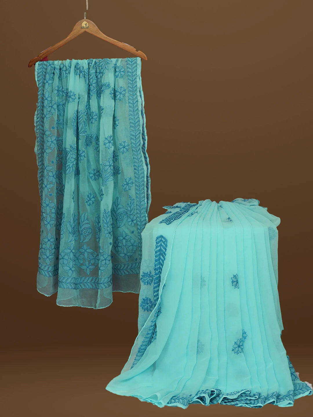 Ada Hand Embroidered Sky Blue Georgette Lucknowi Chikankari Saree With Blouse 01A572522