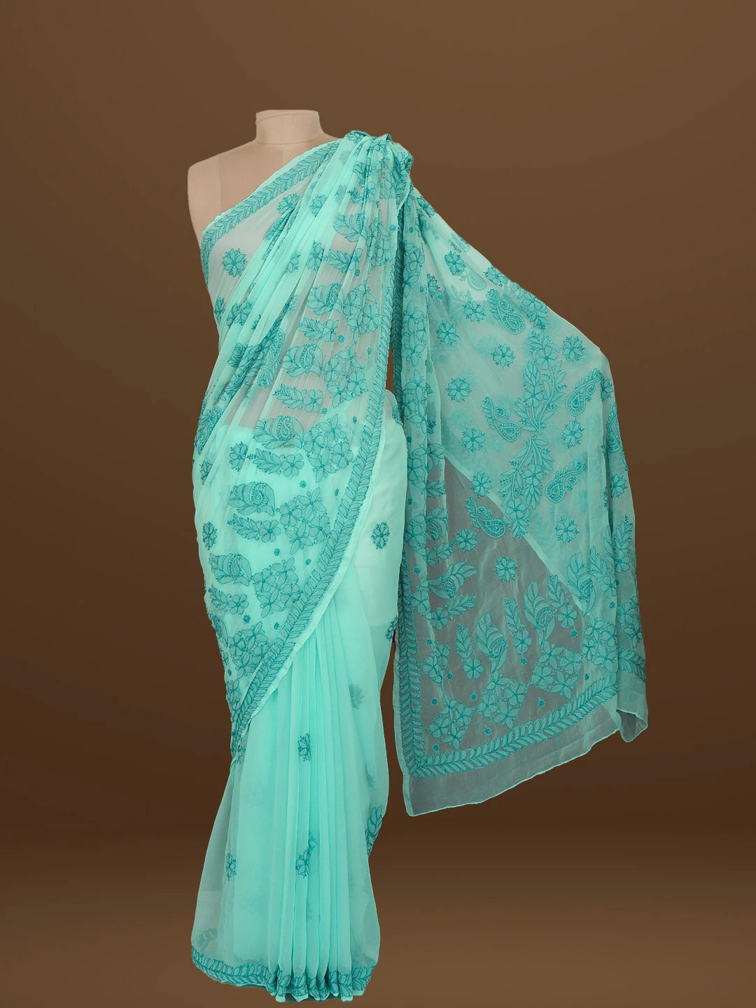 Ada Hand Embroidered Sky Blue Georgette Lucknowi Chikankari Saree With Blouse 01A572522
