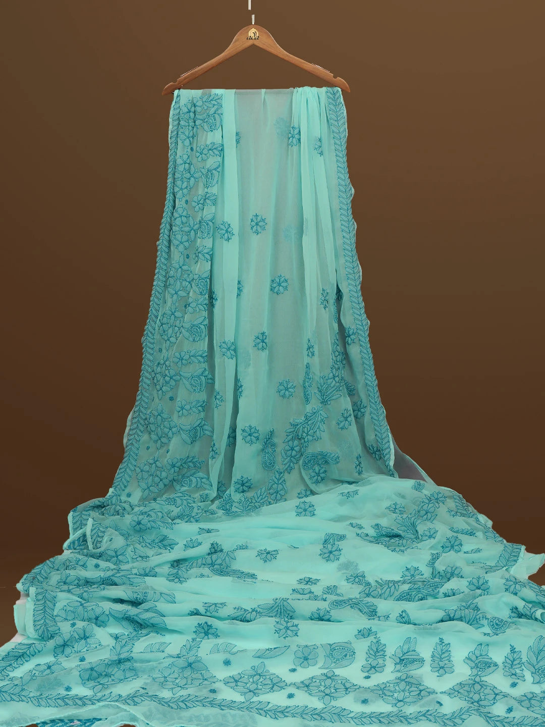 Ada Hand Embroidered Sky Blue Georgette Lucknowi Chikankari Saree With Blouse 01A572522