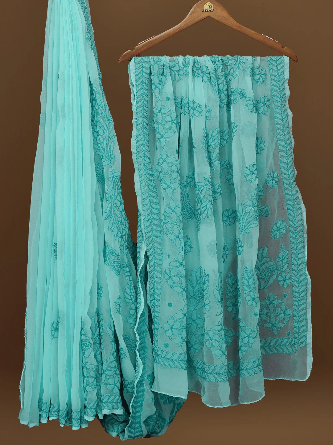 Ada Hand Embroidered Sky Blue Georgette Lucknowi Chikankari Saree With Blouse 01A572522