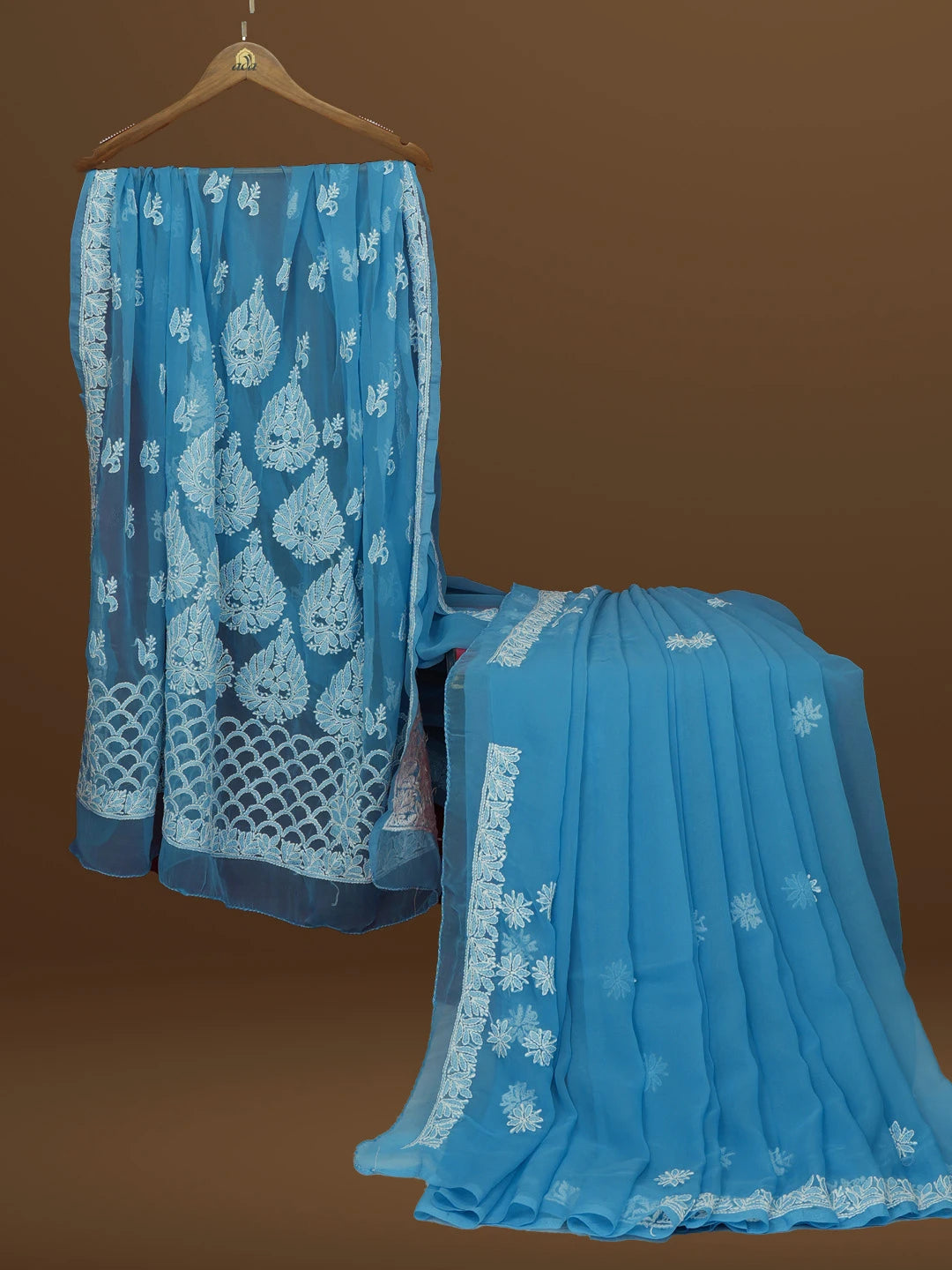 Ada Hand Embroidered Blue Georgette Lucknowi Chikankari Saree With Blouse 01A572466
