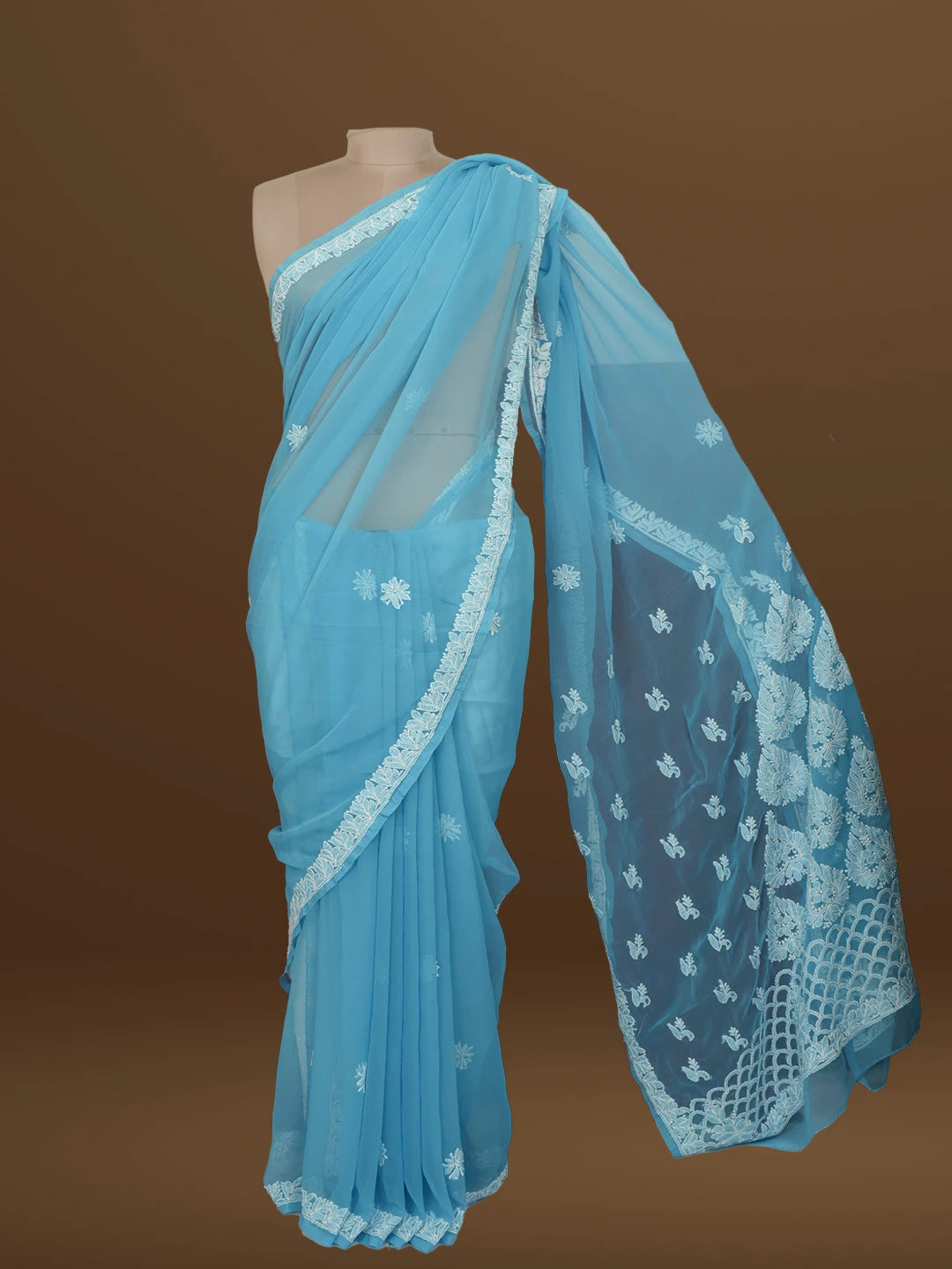 Ada Hand Embroidered Blue Georgette Lucknowi Chikankari Saree With Blouse 01A572466