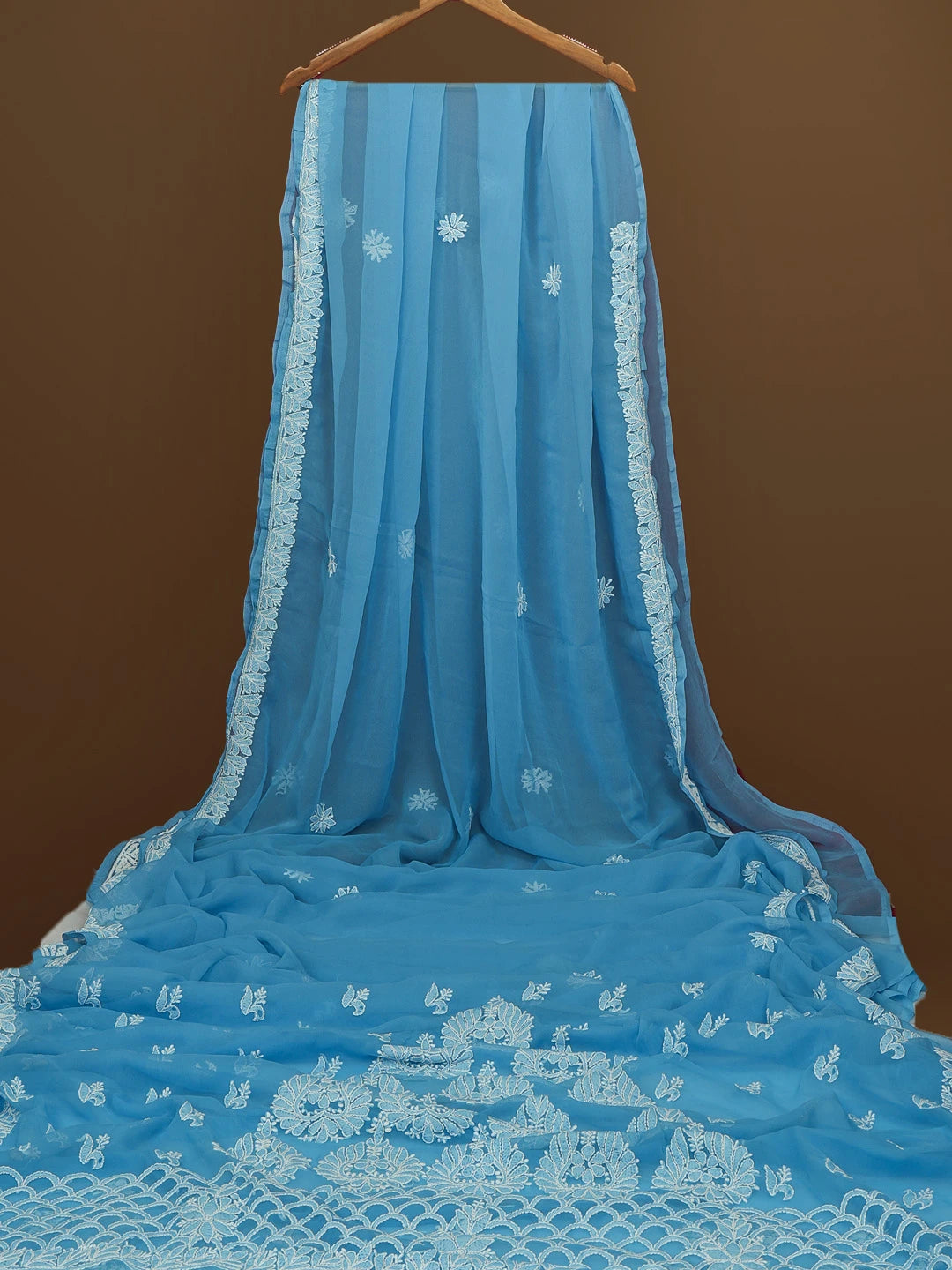 Ada Hand Embroidered Blue Georgette Lucknowi Chikankari Saree With Blouse 01A572466
