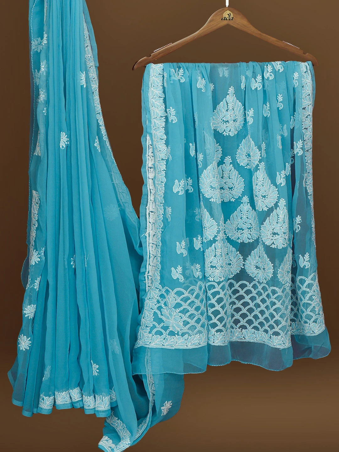Ada Hand Embroidered Blue Georgette Lucknowi Chikankari Saree With Blouse 01A572466