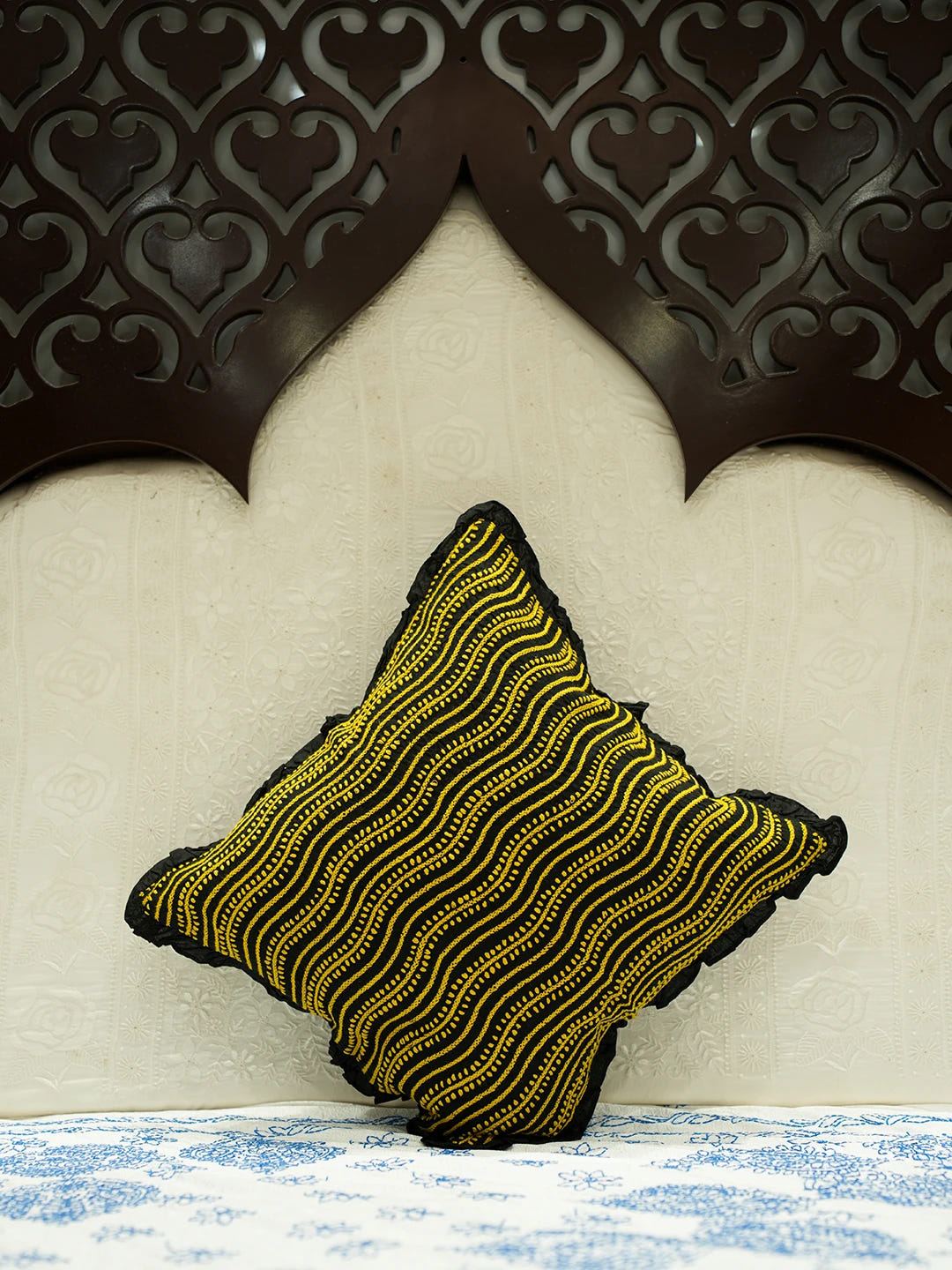 Ada Hand Embroidered Black Cotton Lucknowi Chikankari Cushion Cover 01A502173