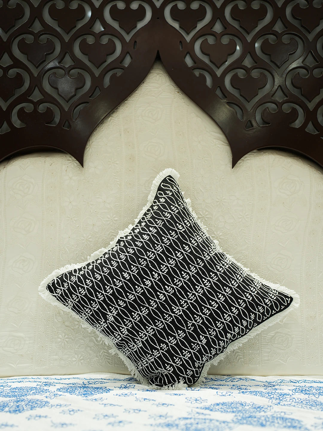 Ada Hand Embroidered Black Cotton Lucknowi Chikankari Cushion Cover 01A525993