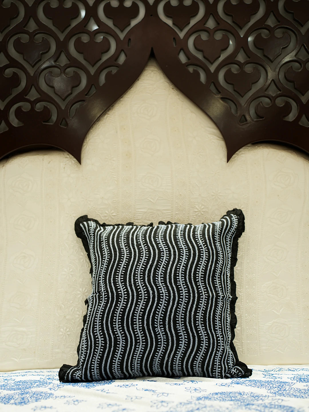 Ada Hand Embroidered Black Cotton Lucknowi Chikankari Cushion Cover 01A502276