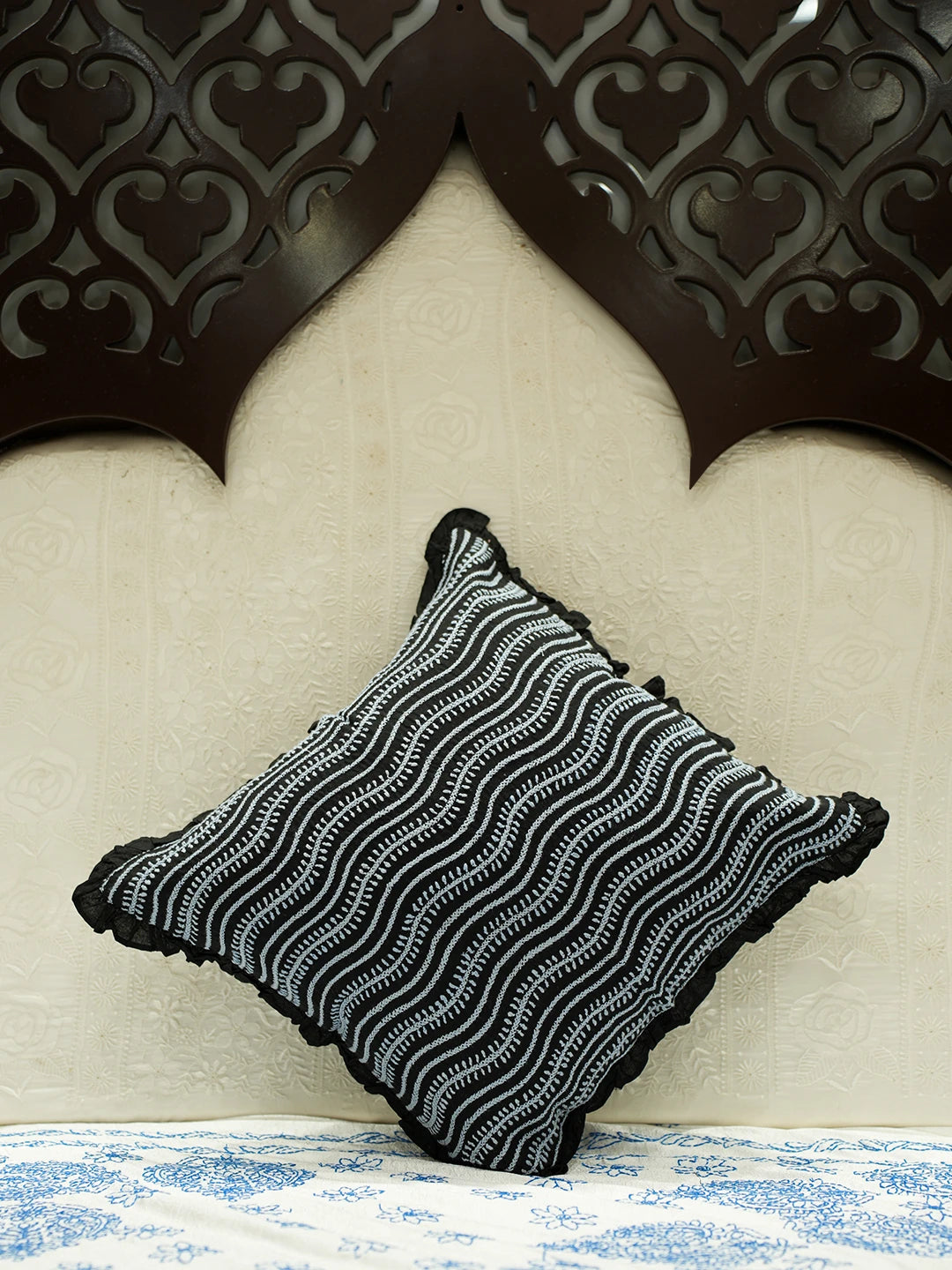Ada Hand Embroidered Black Cotton Lucknowi Chikankari Cushion Cover 01A502276