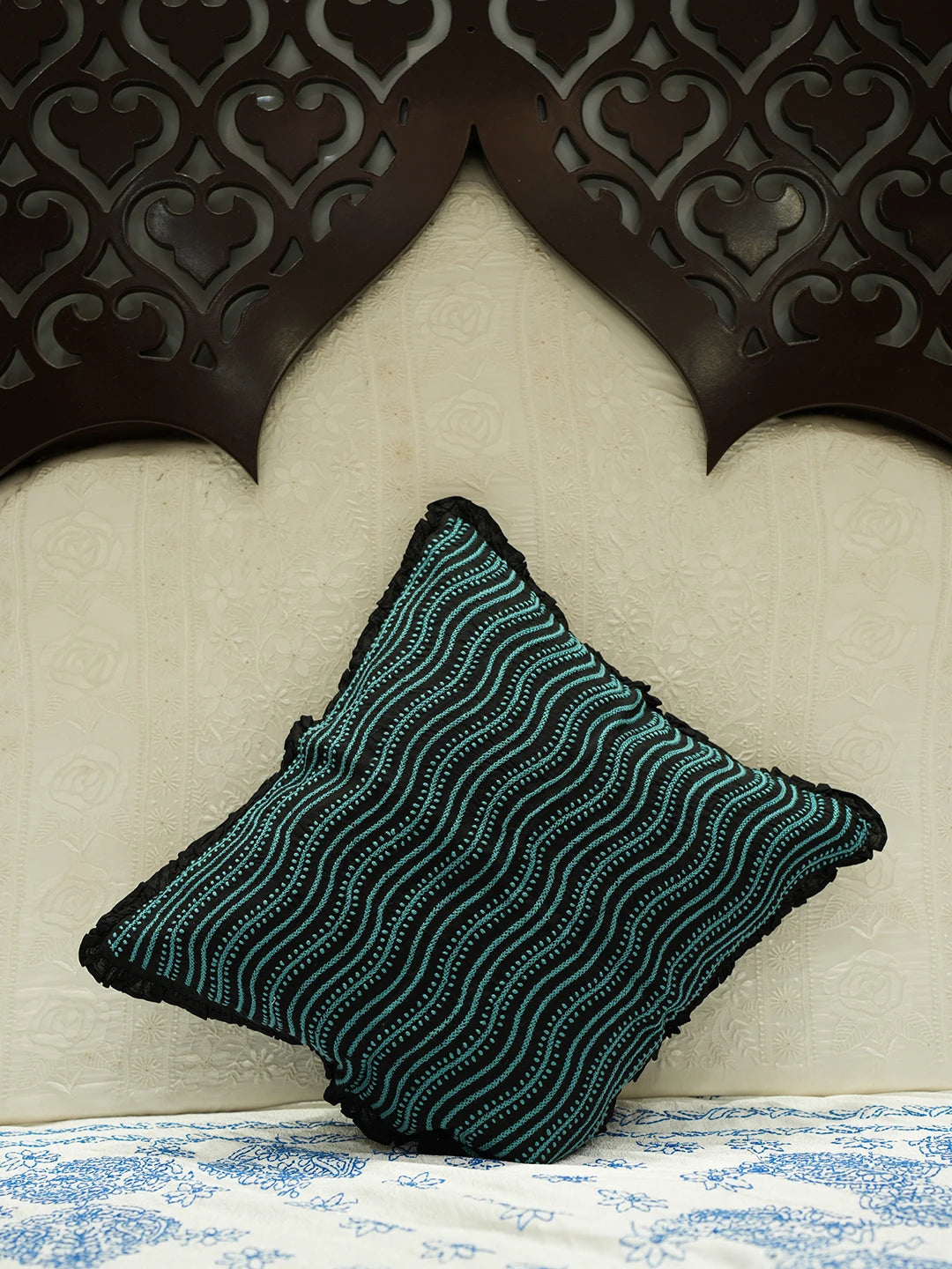Ada Hand Embroidered Black Cotton Lucknowi Chikankari Cushion Cover 01A526807