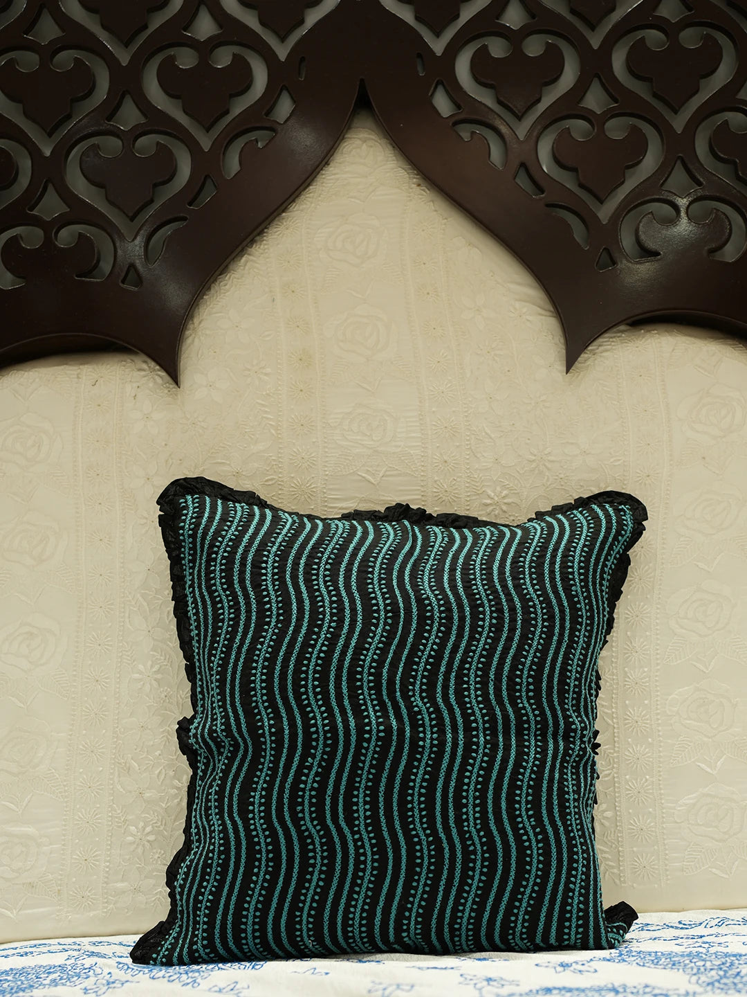 Ada Hand Embroidered Black Cotton Lucknowi Chikankari Cushion Cover 01A526807