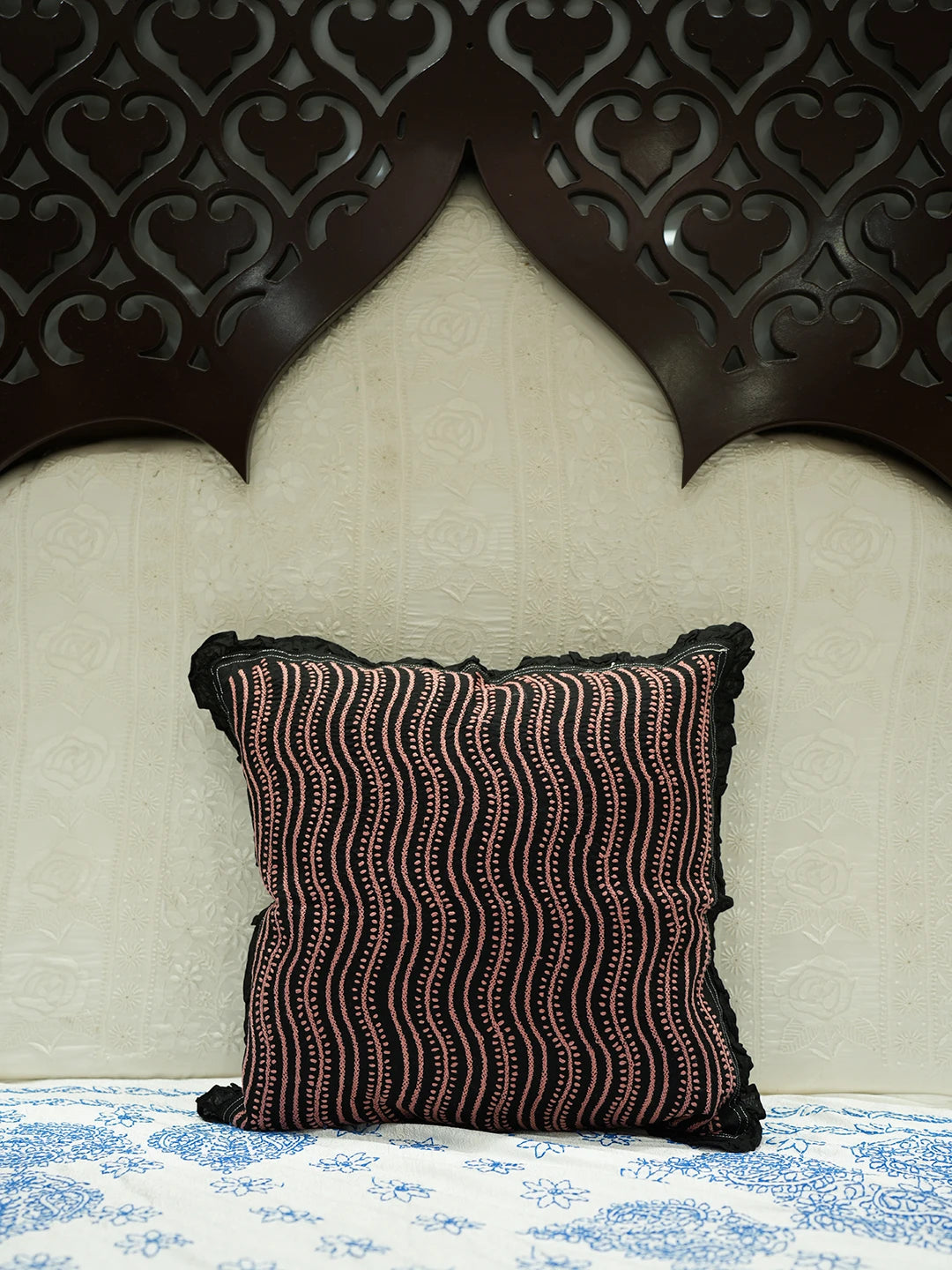 Ada Hand Embroidered Black Cotton Lucknowi Chikankari Cushion Cover 01A502357