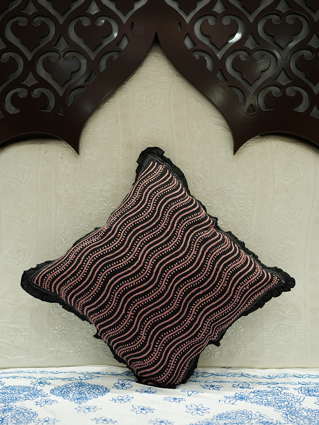 Ada Hand Embroidered Black Cotton Lucknowi Chikankari Cushion Cover 01A502357