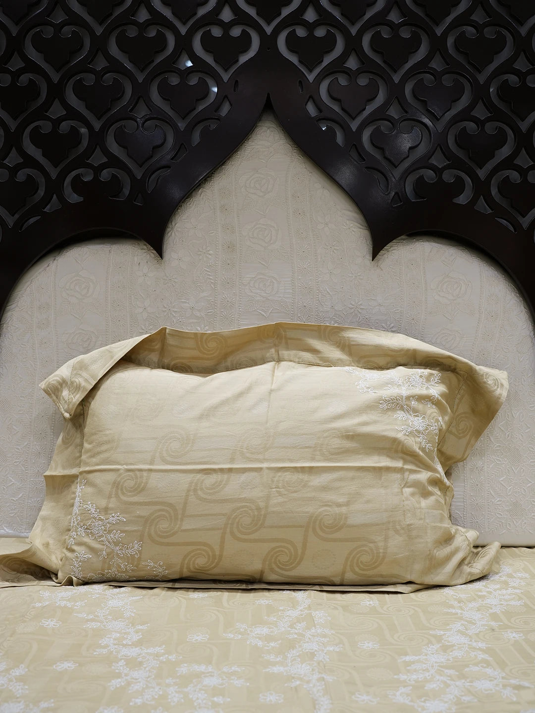 Ada Hand Embroidered Fawn Cotton Lucknowi Chikankari Bed Sheet With Pillow Cover Set 01A359716
