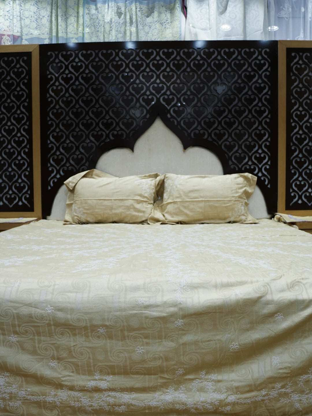 Ada Hand Embroidered Fawn Cotton Lucknowi Chikankari Bed Sheet With Pillow Cover Set 01A359716