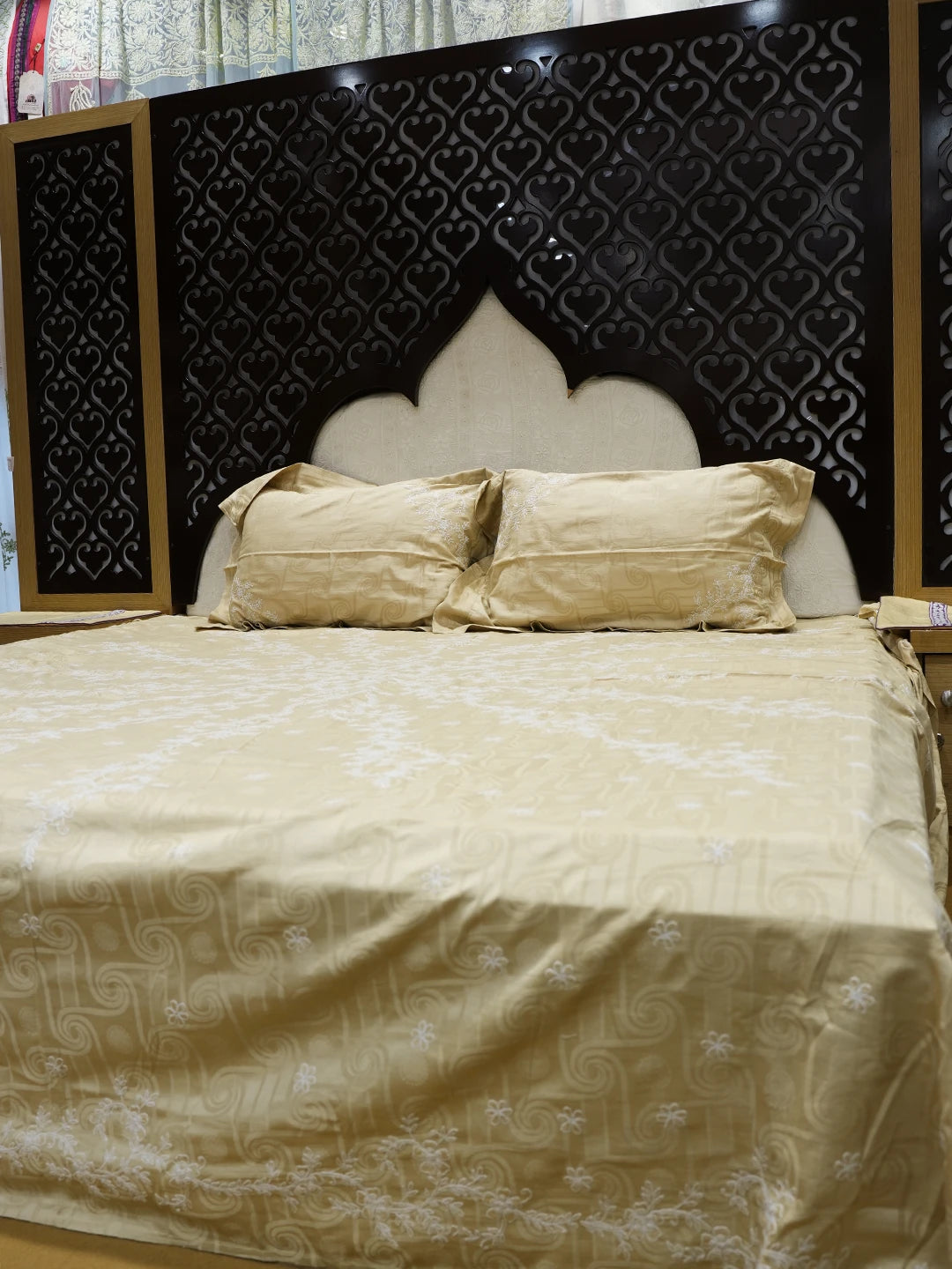 Ada Hand Embroidered Fawn Cotton Lucknowi Chikankari Bed Sheet With Pillow Cover Set 01A359716
