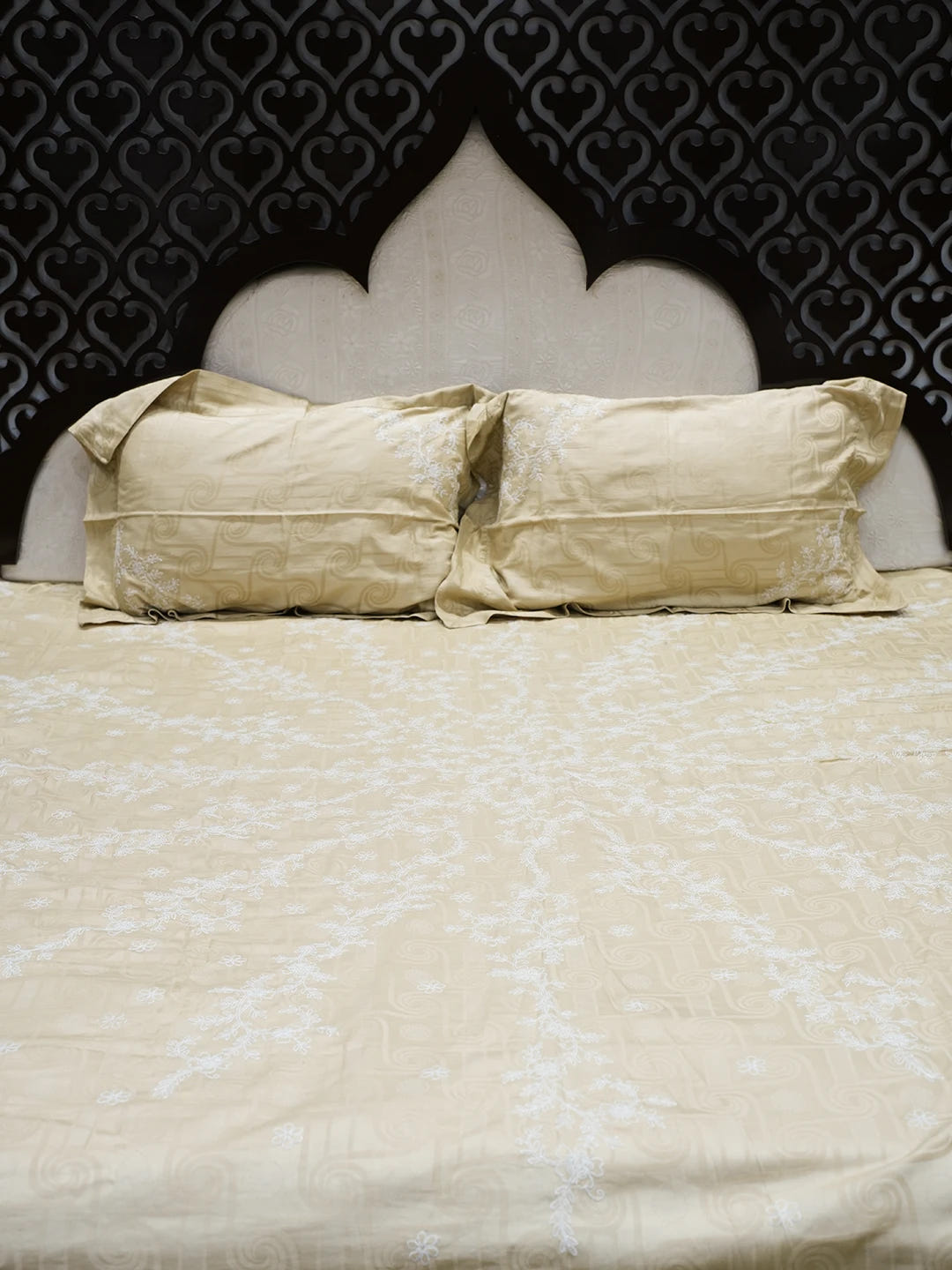 Ada Hand Embroidered Fawn Cotton Lucknowi Chikankari Bed Sheet With Pillow Cover Set 01A359716
