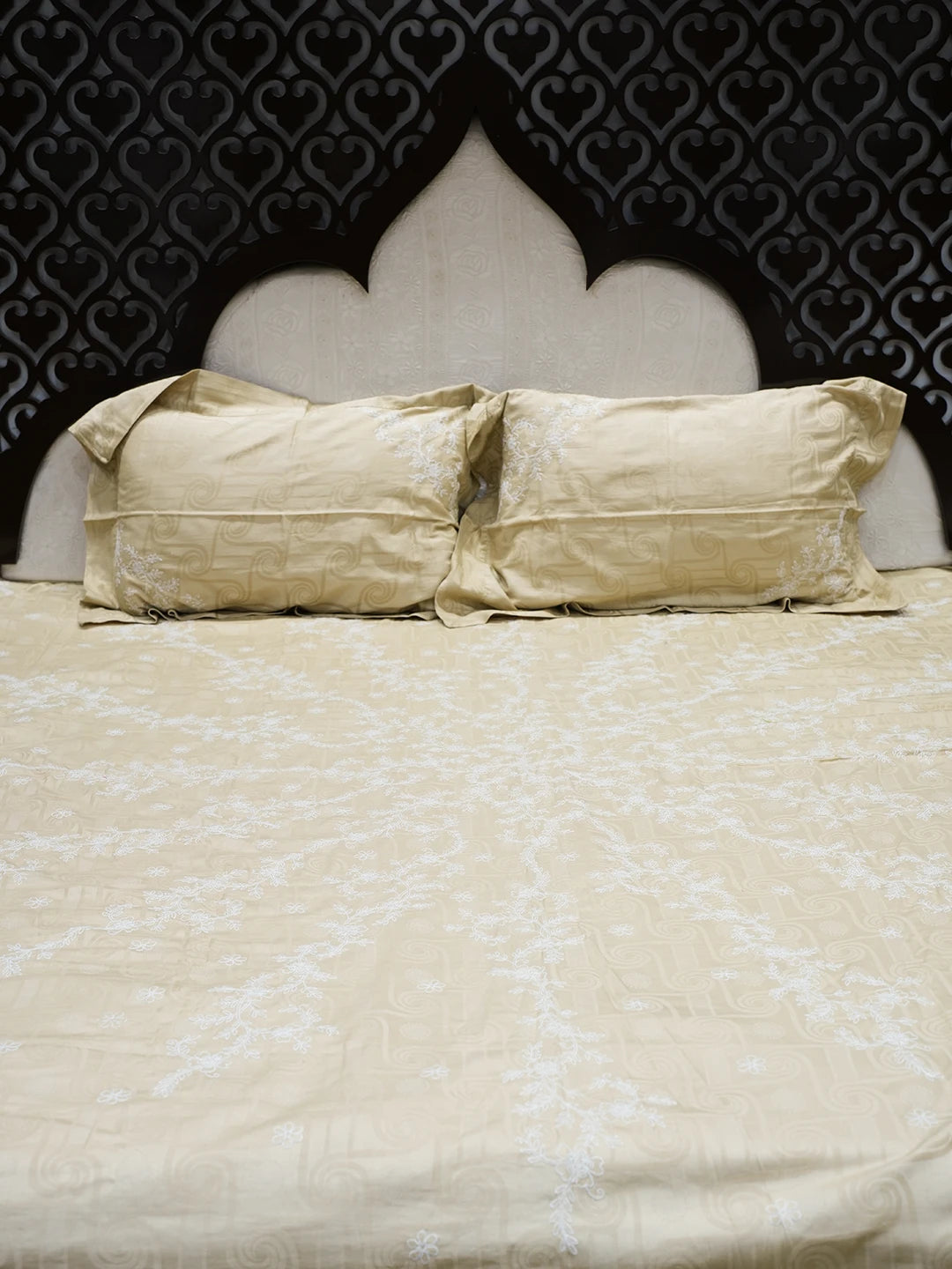 Ada Hand Embroidered Fawn Cotton Lucknowi Chikankari Bed Sheet With Pillow Cover Set 01A359716
