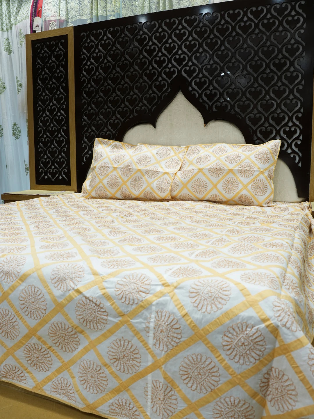 Ada Hand Embroidered White And Fawn  Cotton Lucknowi Chikankari Bed Sheet With Pillow Cover Set 01A316592