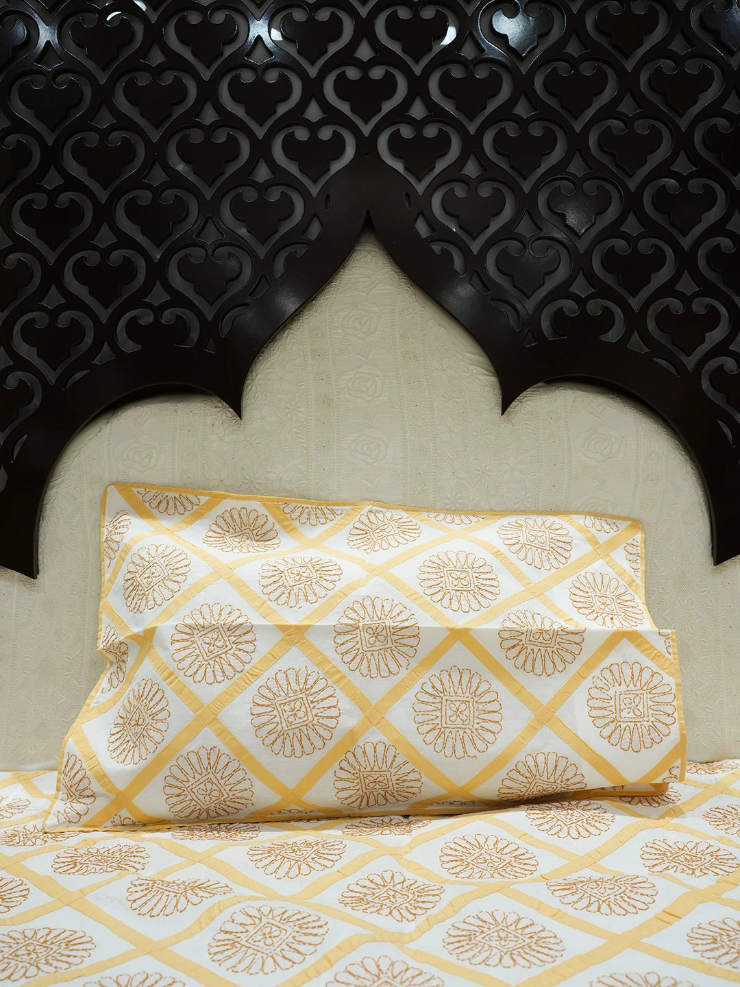 Ada Hand Embroidered White And Fawn  Cotton Lucknowi Chikankari Bed Sheet With Pillow Cover Set 01A316592