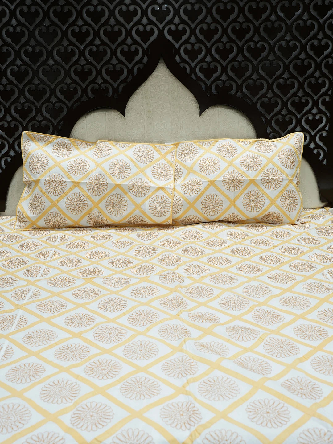 Ada Hand Embroidered White And Fawn  Cotton Lucknowi Chikankari Bed Sheet With Pillow Cover Set 01A316592