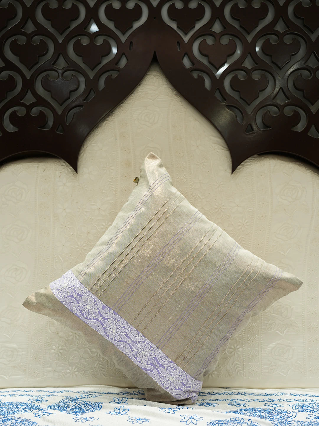 Ada Hand Embroidered Grey Tissue Lucknowi Chikankari Cushion Cover 01A44978