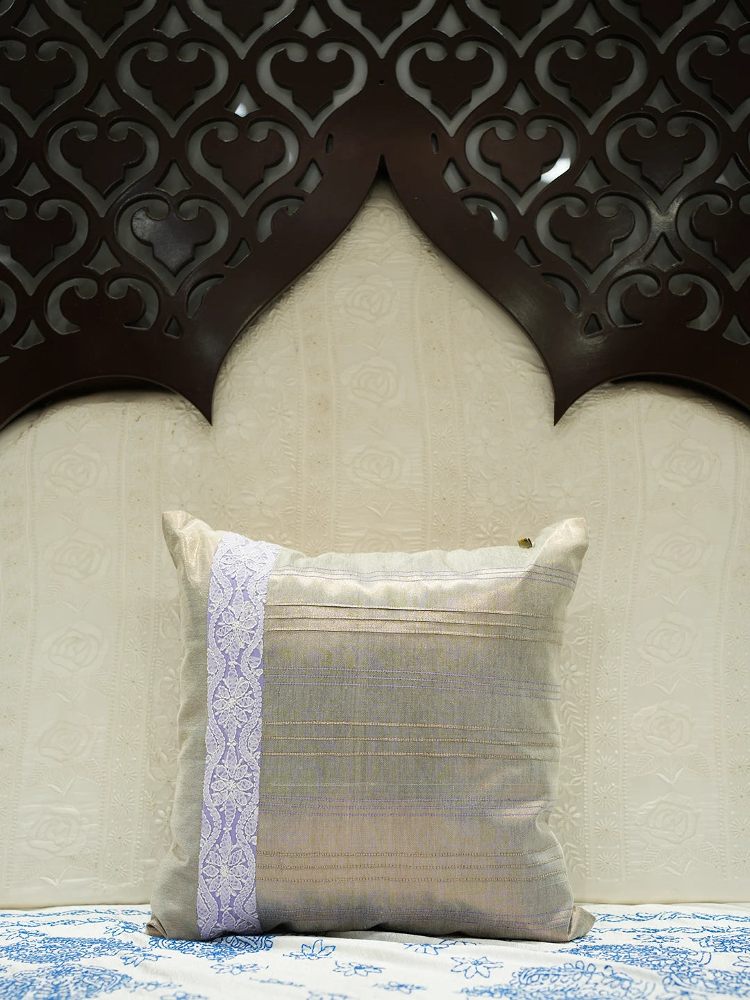 Ada Hand Embroidered Grey Tissue Lucknowi Chikankari Cushion Cover 01A44978