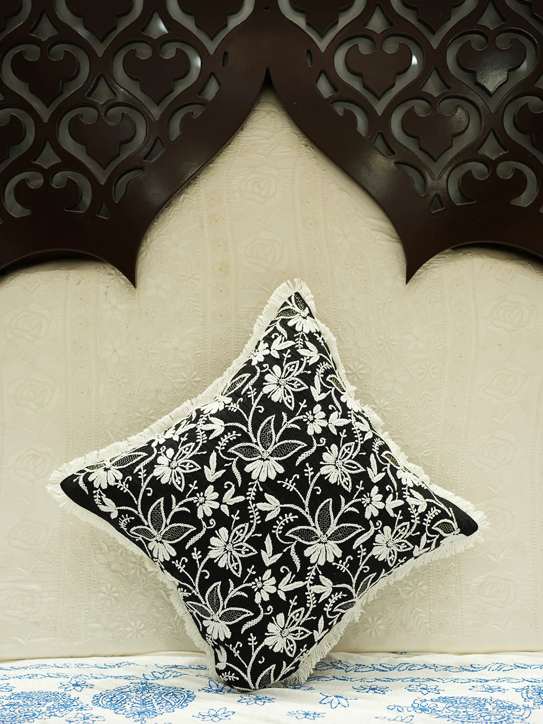 Ada Hand Embroidered Black Cotton Lucknowi Chikankari Cushion Cover With Zari Work 01A527335