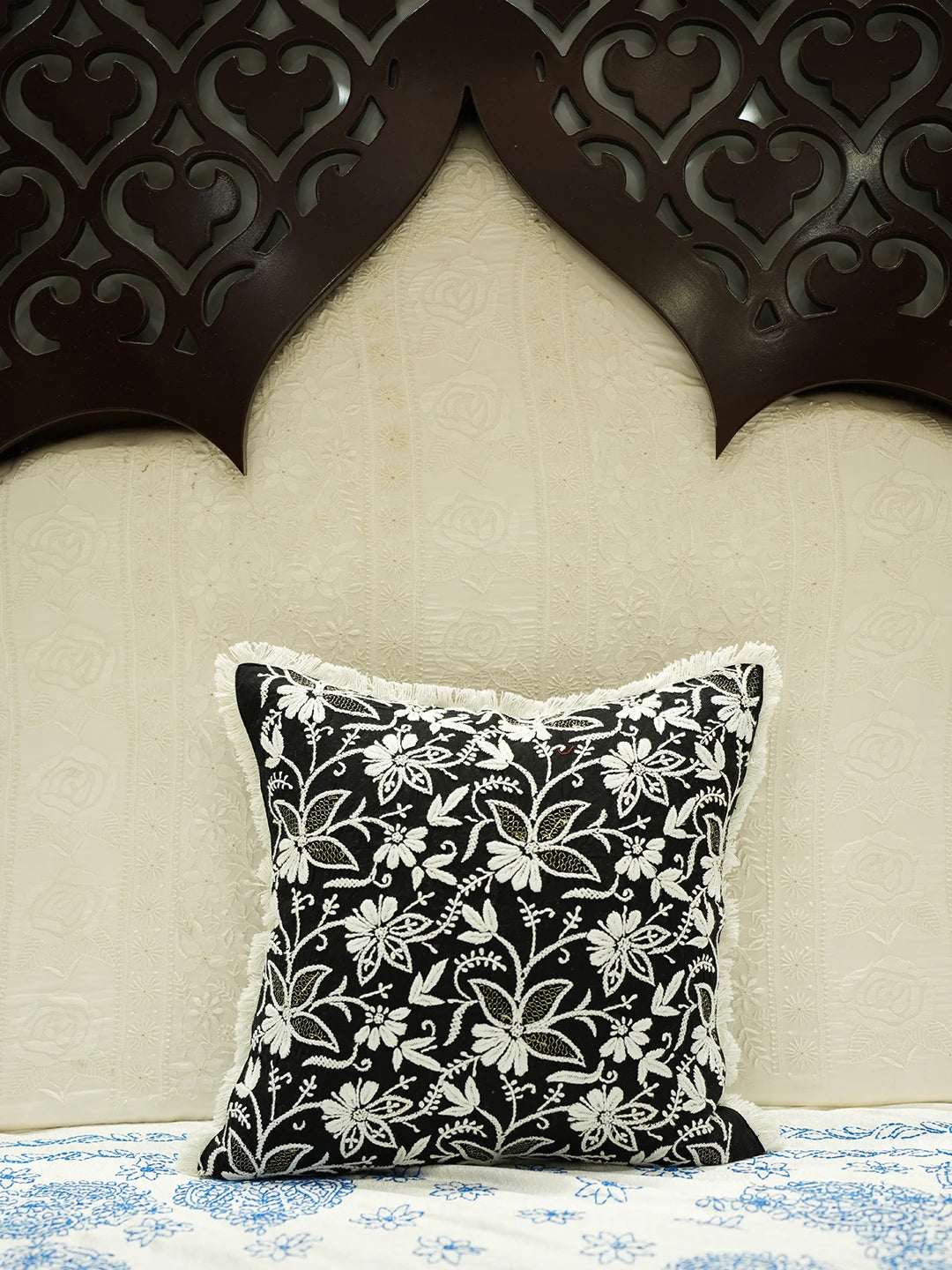 Ada Hand Embroidered Black Cotton Lucknowi Chikankari Cushion Cover With Zari Work 01A527335