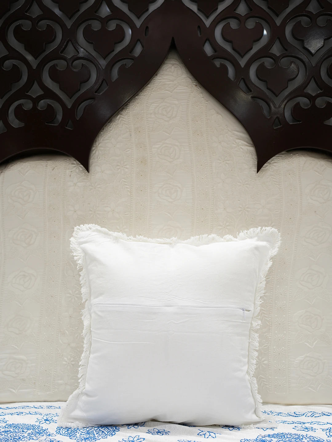 Ada Hand Embroidered White Cotton Lucknowi Chikankari Cushion Cover With Zari Work 01A502967